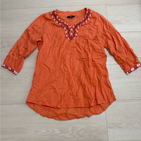 max Tops - Women's Orange Embroidered V-Neck Tunic Top